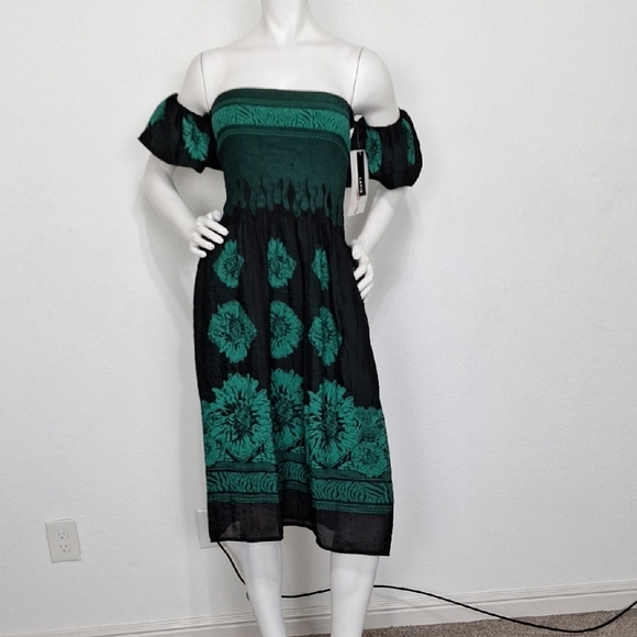 Lapis NEW Black and Green Off-Shoulder Puff Sleeve Sundress Size M/L - Picture 1 of 12